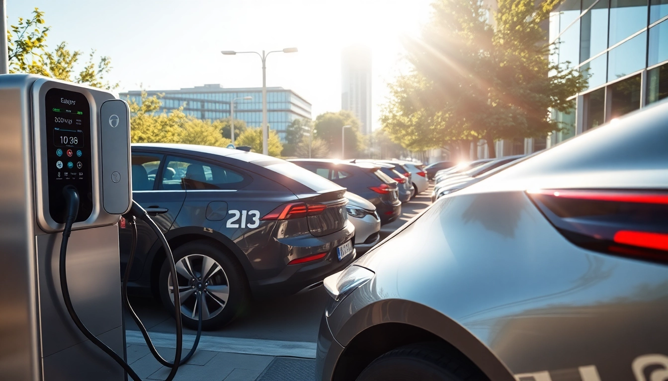 Elektroautos an einer modernen Ladestation in einer urbanen Umgebung