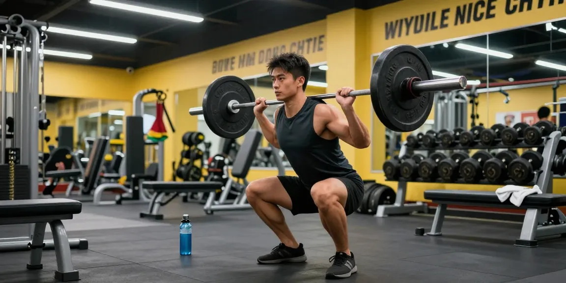 Trainier in voller Aktion beim Squats im Astera Shop umgeben von Fitnessgeräten.