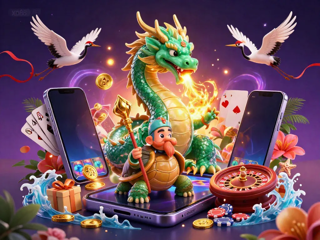 Engage in thrilling gameplay at xo88 with a jade dragon and lucky symbols in a vibrant casino scene.