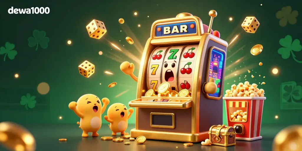 Experience the thrill with dewa1000 as the golden slot machine hits a jackpot, coins bursting forth.