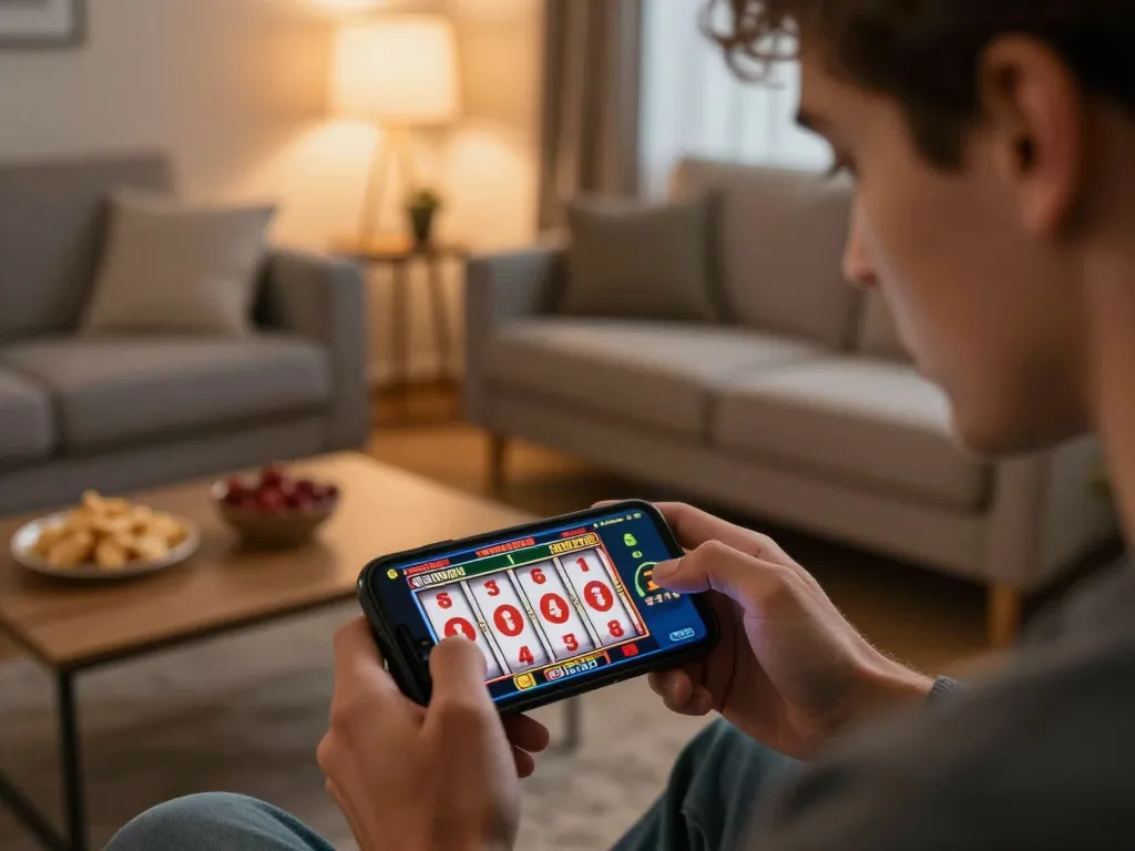 Engaging player enjoying a slot game on smartphone while seated comfortably, showcasing the excitement of 789win online gambling