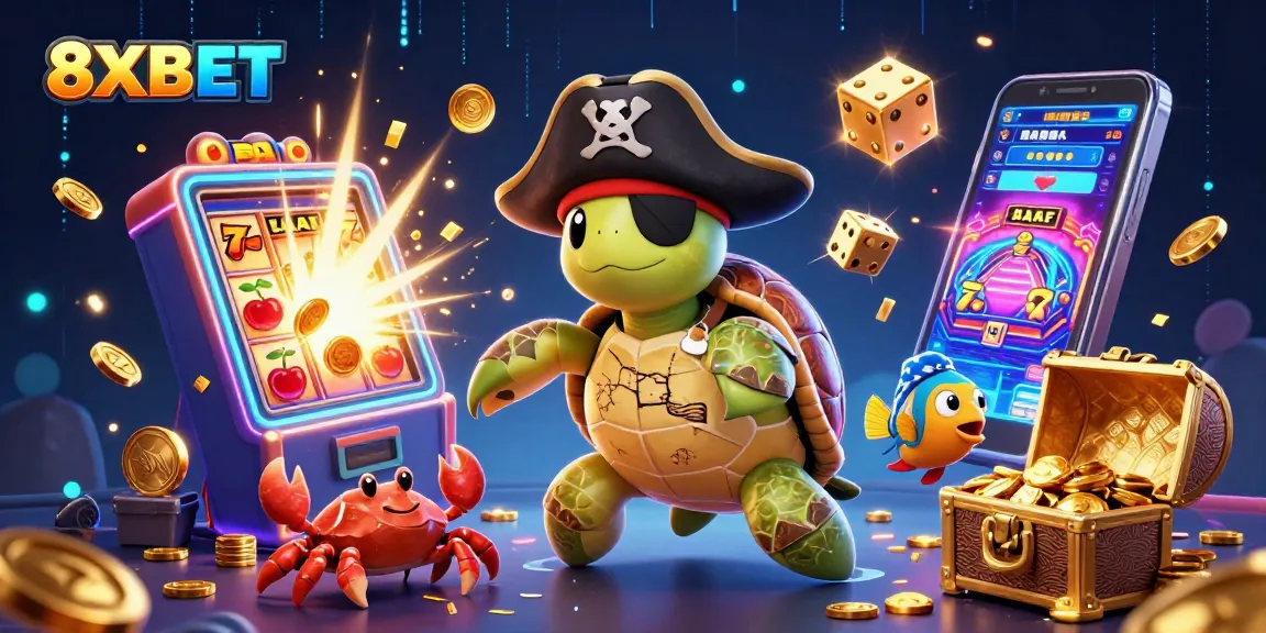 8XBET pirate turtle and friends celebrating a jackpot win surrounded by colorful casino elements.