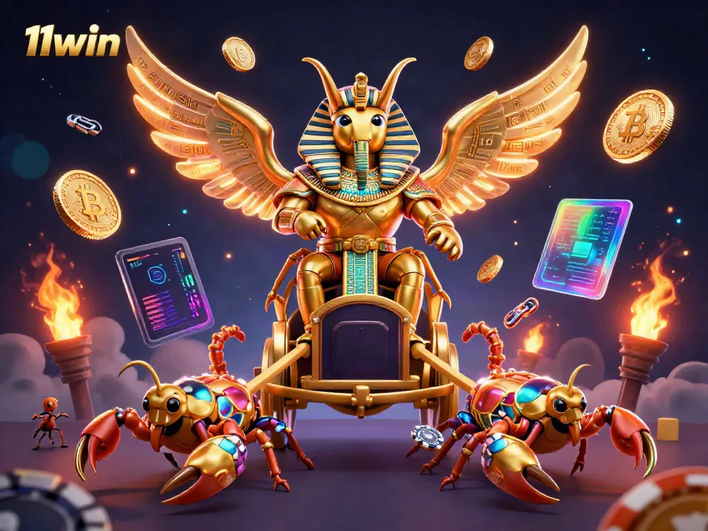 Engage with the thrilling 11win experience featuring a vibrant casino scene with a golden scarab and glowing crypto coins.