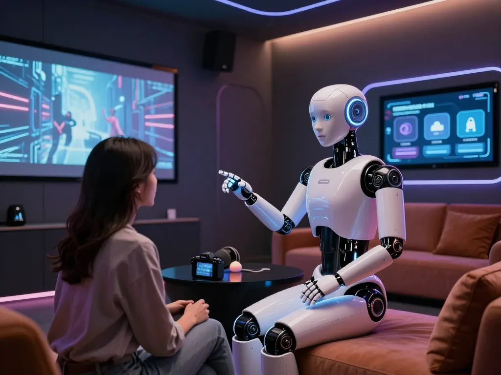 A humanoid sex bot engaging with a user in a modern adult entertainment studio, exhibiting advanced technology in a sleek, inviting environment.
