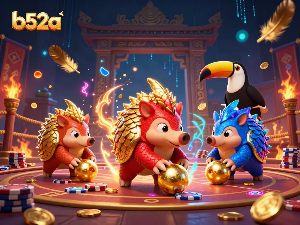An engaging scene featuring b52a with rival pangolins bowling poker chips, showcasing casino excitement.