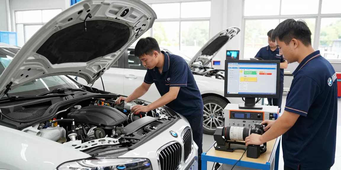 Experten-BMW-Spezialisten, die Fahrzeuge in einer modernen Werkstatt diagnostizieren und abstimmen.