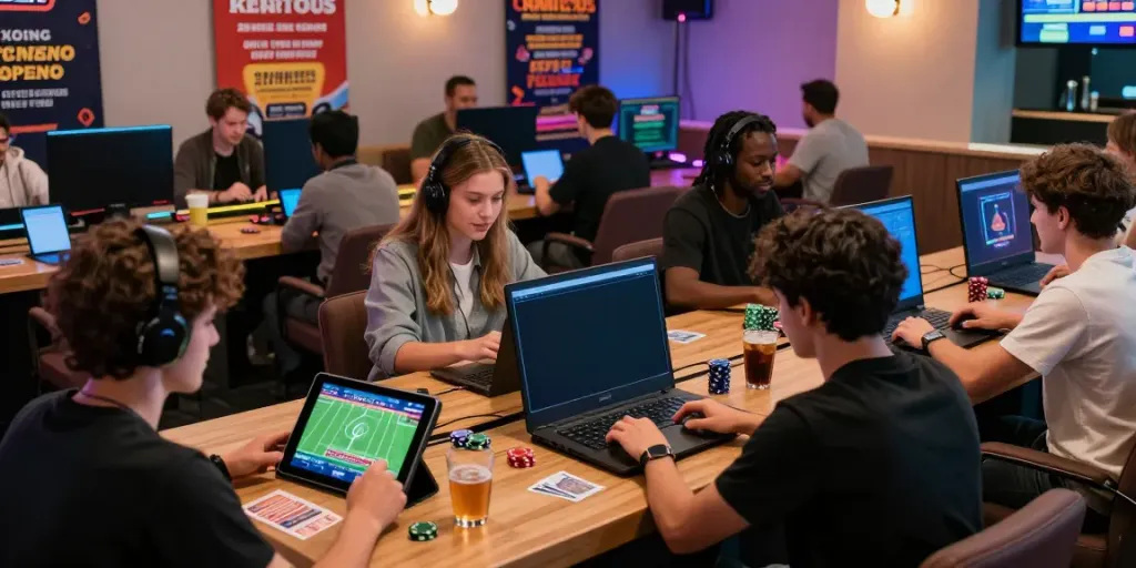 Engaged players exploring uk88 online gaming options in a vibrant lounge.