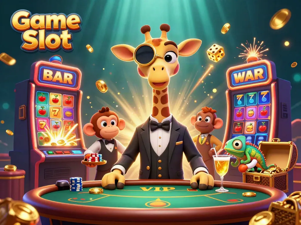 Spin the reels and win in the vibrant Game Slot illustration with a high-roller giraffe.
