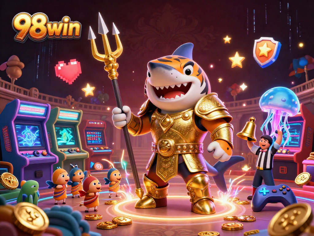 Engage in thrilling gameplay with 98win's vibrant casino action, featuring a tiger shark and electrifying elements.