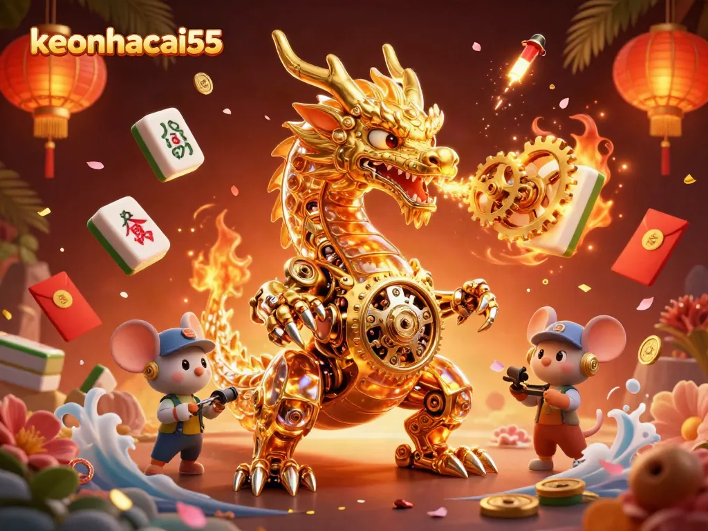 Engage with keonhacai55's thrilling gaming scene featuring a powerful dragon and festive elements.