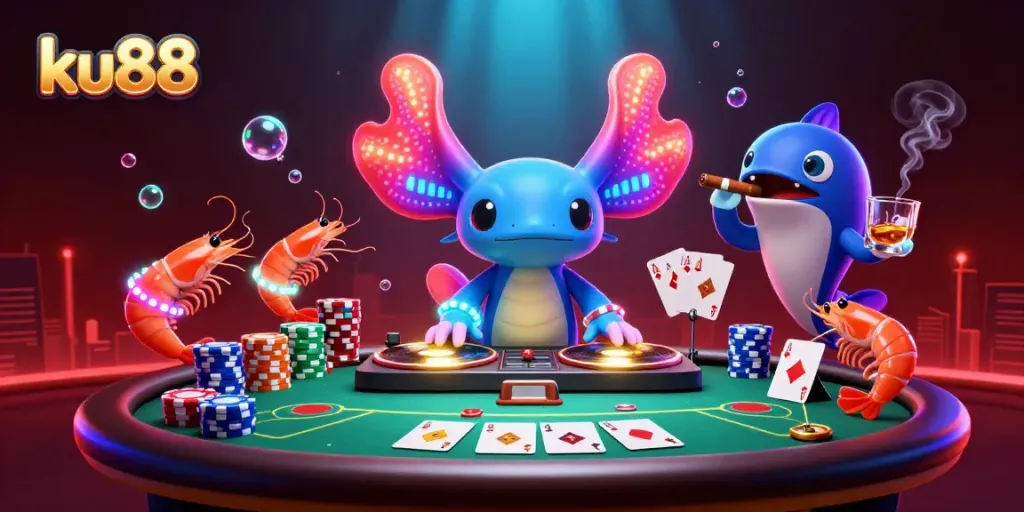 Spin poker with ku88 and vibrant dancing sea creatures in an energetic casino scene.