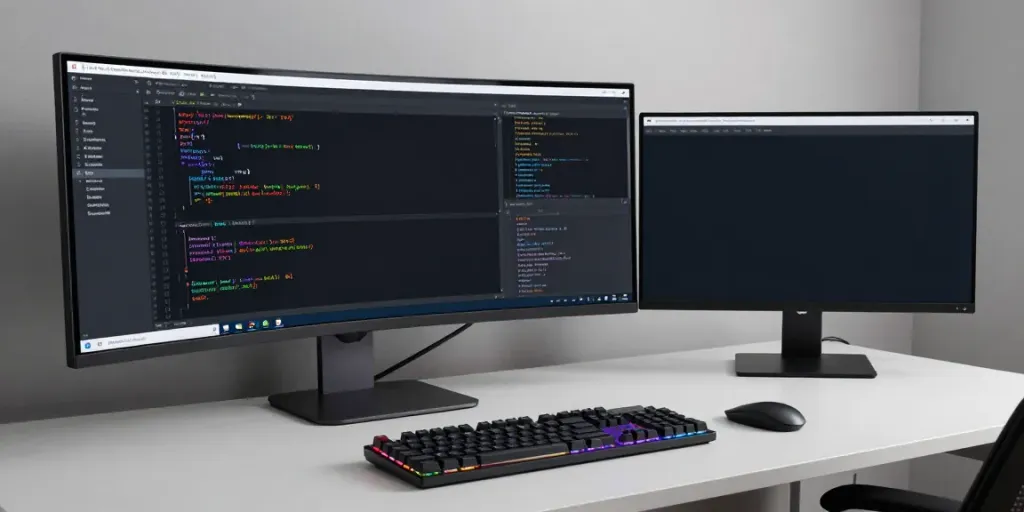 Source code review in a modern developer workspace with highlighted code and test results.