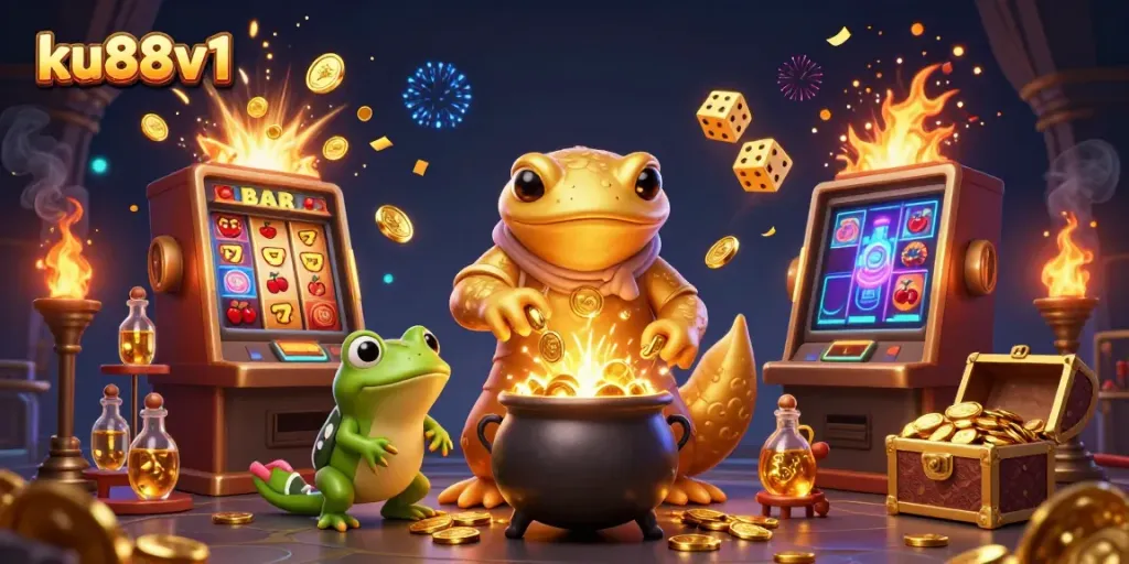 Experience exhilarating gaming at ku88v1 with a vibrant scene depicting a golden alchemist alongside symbols of online gambling.