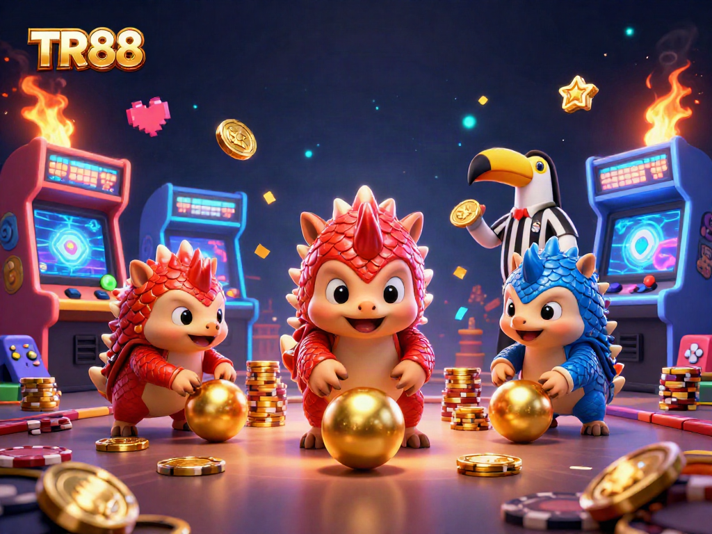 Experience fierce competition with TR88, as rival pangolins roll golden balls at poker chips in a vibrant casino scene.