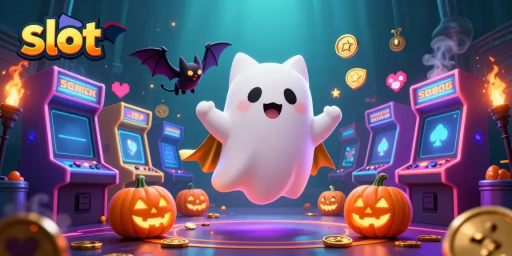 Engage with the vibrant slot scene featuring a ghost cat, vampire bat, and glowing elements in a casino environment.