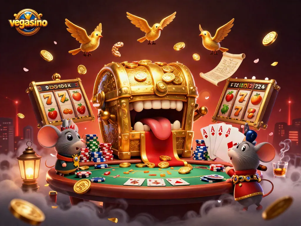 Win big at vegasino with a vibrant casino scene featuring engaging slot reels and energetic characters.