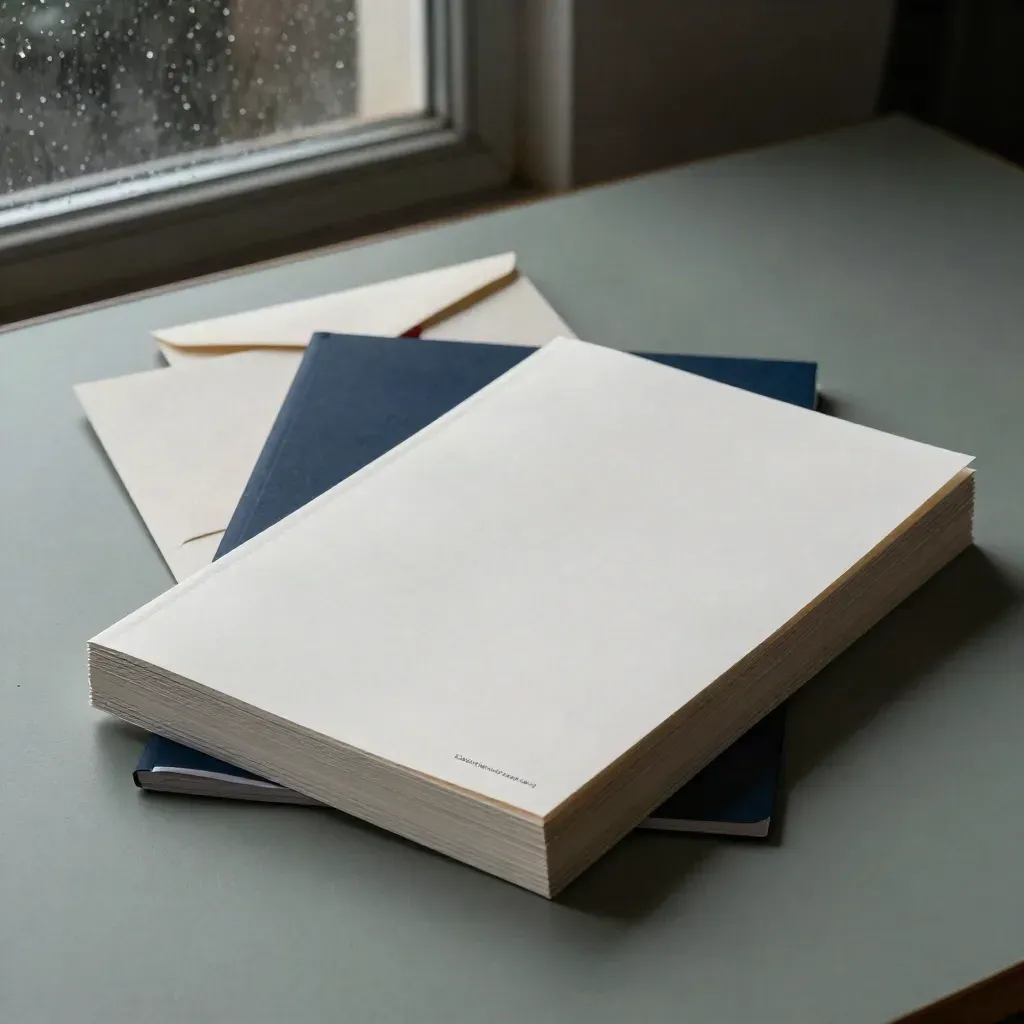 Navy Ordner, Deckblatt-Stapel und Brief auf nassem Editorial-Desk im Morgenlicht