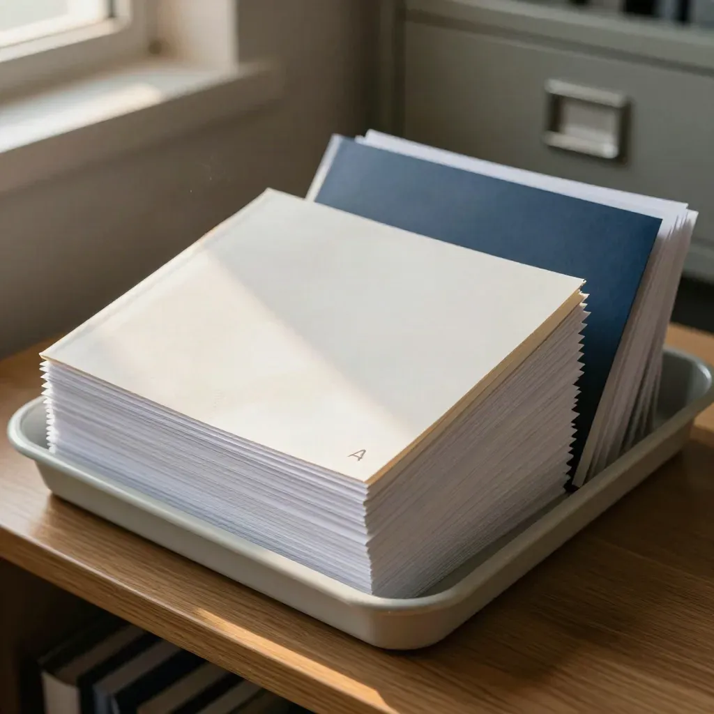 Archivkorb mit A4-Vorlagen, Klarsichthüllen, cremefarbenem Notizbuch und dunkelblauem Ordner
