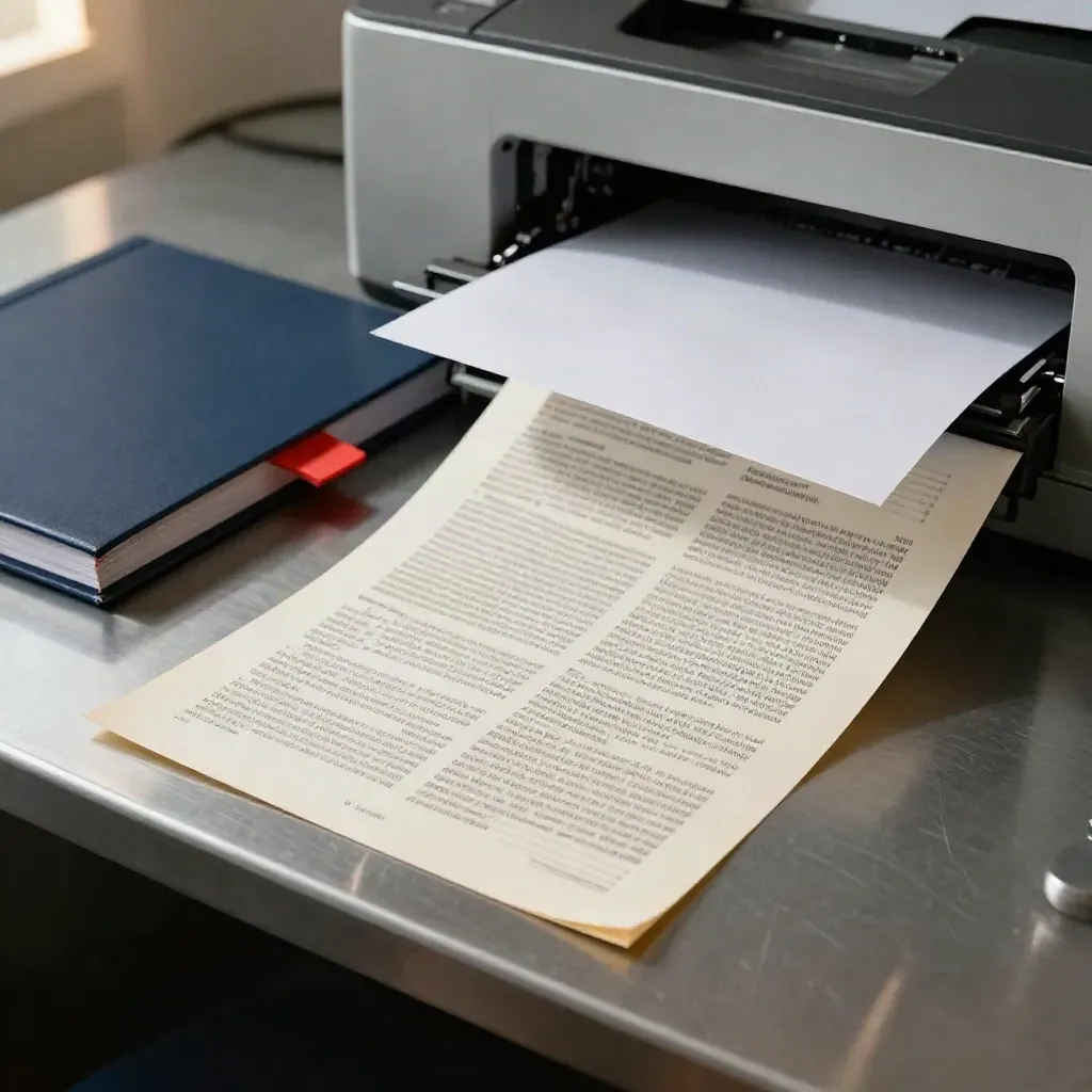 Druckfrisches Schul-Deckblatt mit blauem Ordner und rotem Tab am Drucker-Ausgabefach.