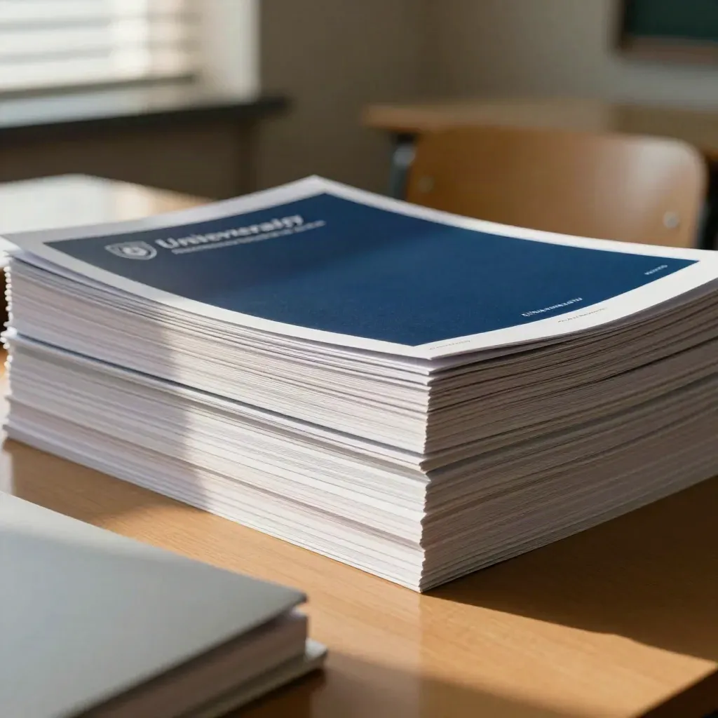 Navy-weiße Uni-Deckblätter auf einem Seminartisch neben leerem Stuhl im Abendlicht.