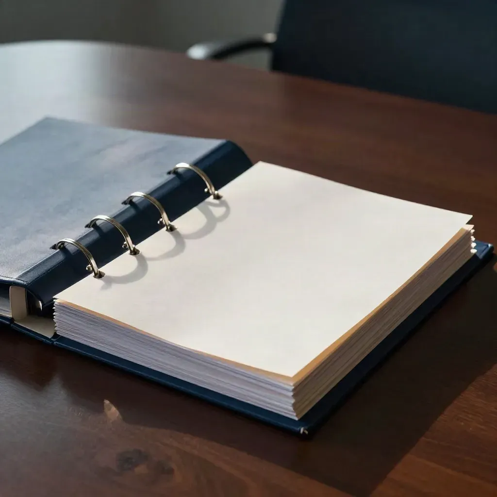 Navy-Ringordner mit Registerblättern und Berichtsseiten auf Konferenztisch, im leichten Schwung.
