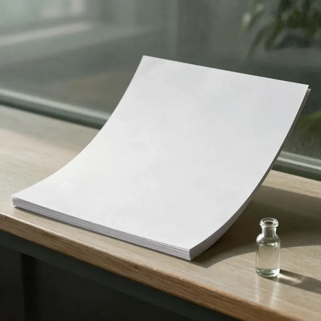 Weiße Bio-Deckblatt-Vorlage auf Flasche und Papierstapel, diagonal im feuchten Grünlicht.