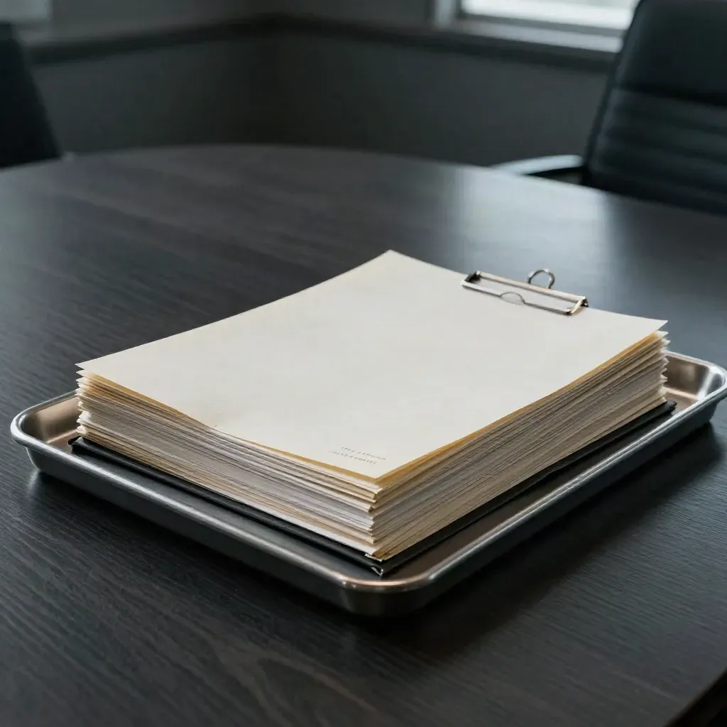 Dunkle Boardroom-Szene mit Protokollstapel, Stahlablage und Ordner auf dem Tisch.