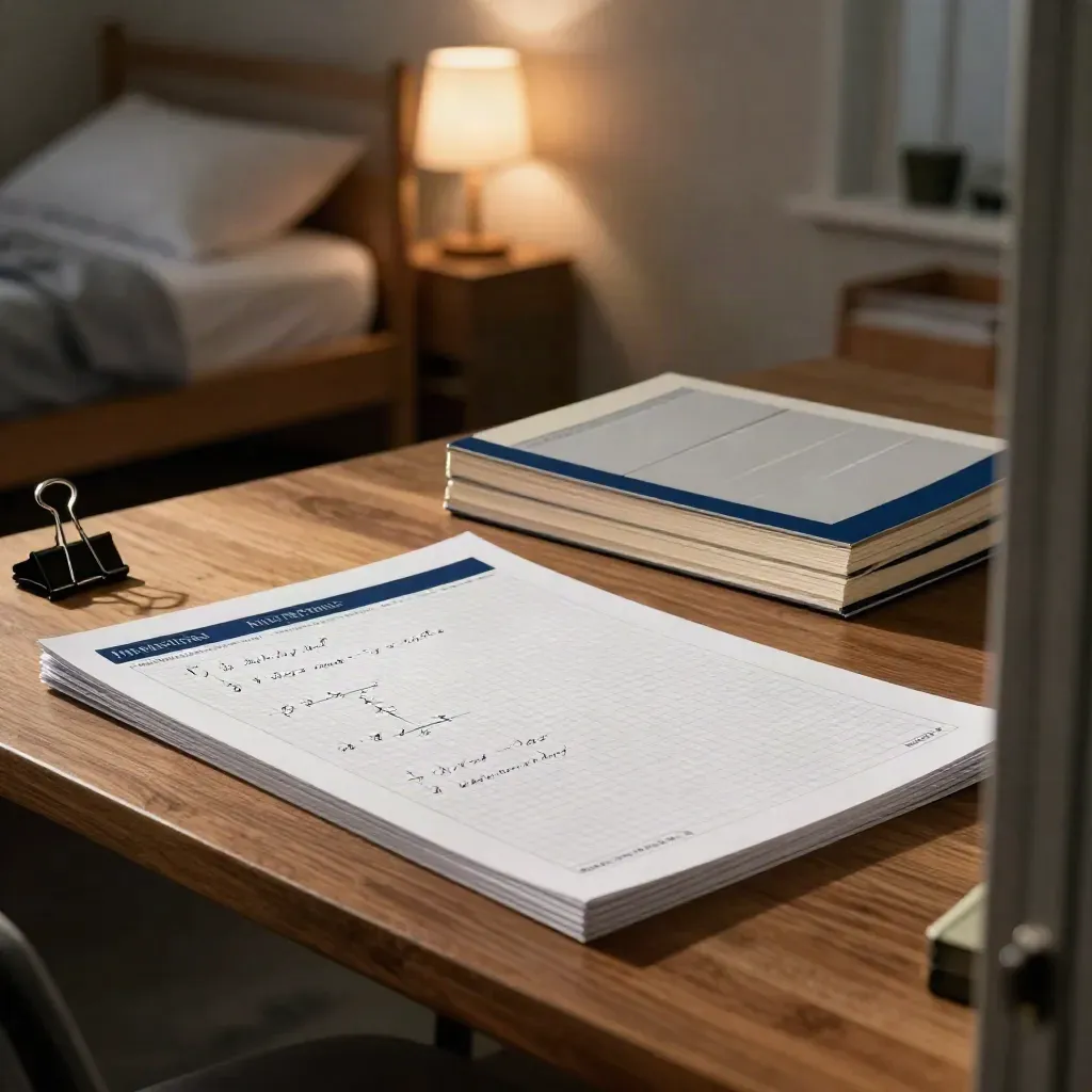 Mathe-Deckblatt, kariertes Papier, Notizbuch und Binder-Clip im warmen WG-Arbeitsplatz.