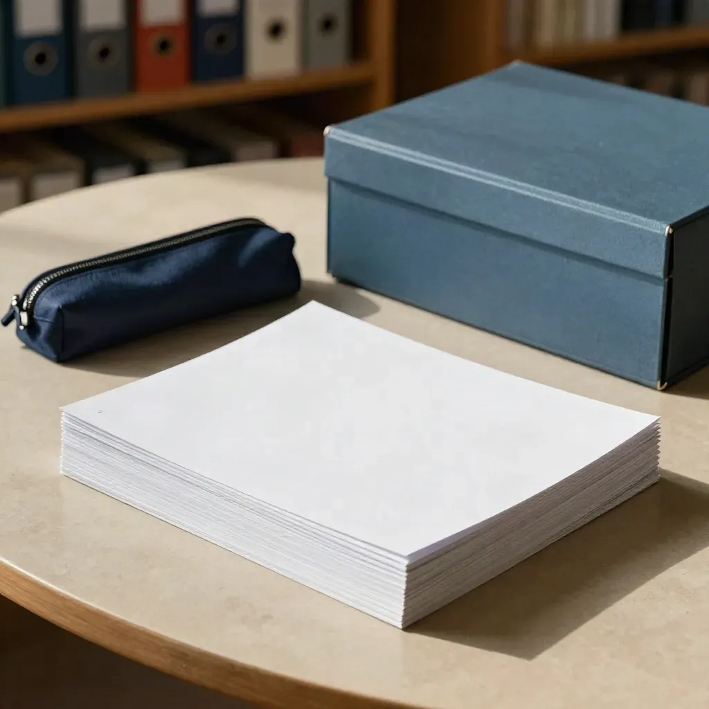 Schulbericht-Cover mit sortierten Blättern, Navy-Mäppchen und Archivbox auf hellem Arbeitstisch