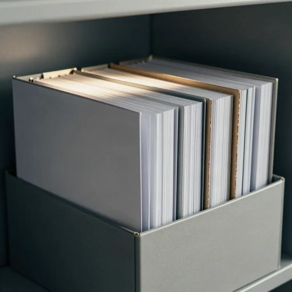 Archivbox mit A4-Ordneretiketten, Registerkarten und Blättern im schrägen Licht