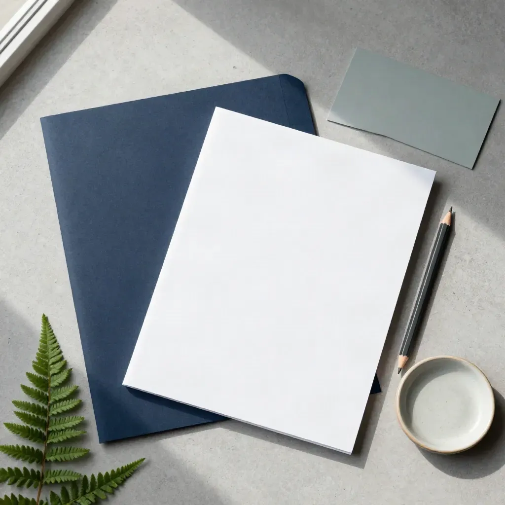 Overhead Flatlay mit blauem Ordner, Blankoseite, Bleistift, Farn und Keramikschale