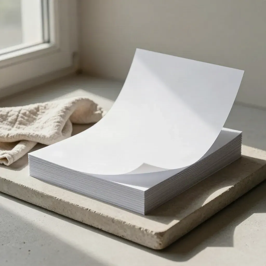 Matte Papierstapel auf Steinschale mit Leinenstoff im hellen Stillleben.