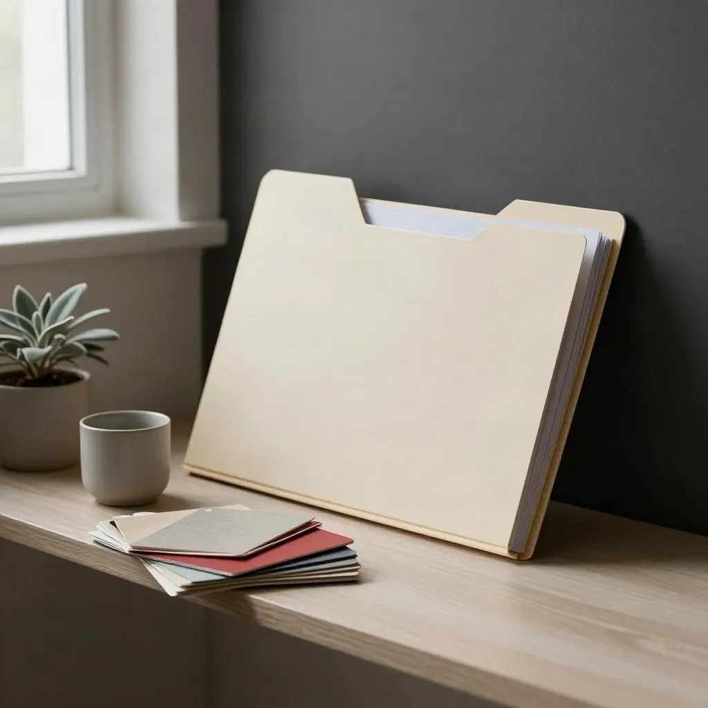 Offene Büro-Mappe mit Farbmusterkarten, Becher und Mini-Pflanze auf hellem Holz.