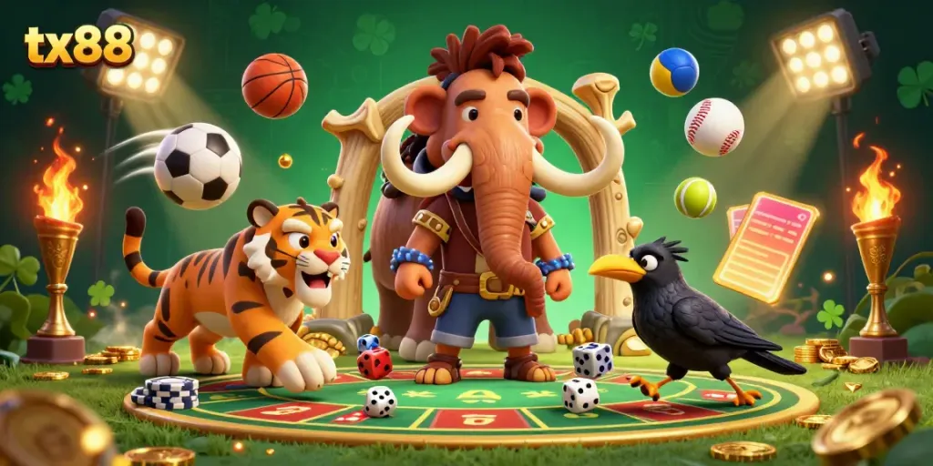 Experience the thrill of betting at tx88's dynamic prehistoric casino with captivating characters and vibrant energy.