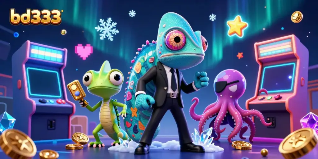 Engage in thrilling gameplay at bd333 with a dynamic scene featuring colorful arcade machines and animated characters