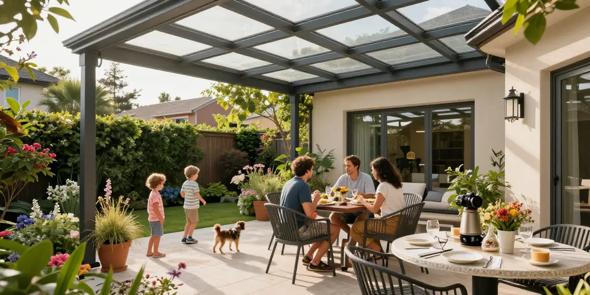 Moderne Terrassenüberdachungen in einem schönen Garten mit Sonnenlicht