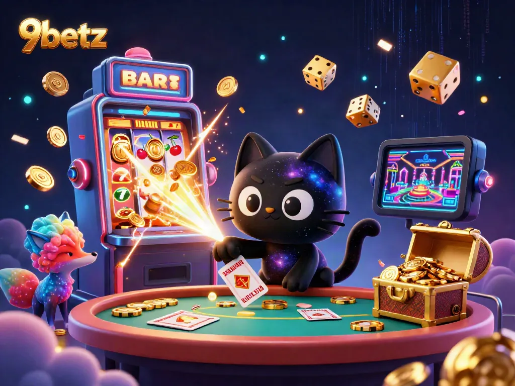 Experience the vibrant cosmos of 9betz, where a black hole cat attracts golden casino chips amidst a dazzling jackpot.