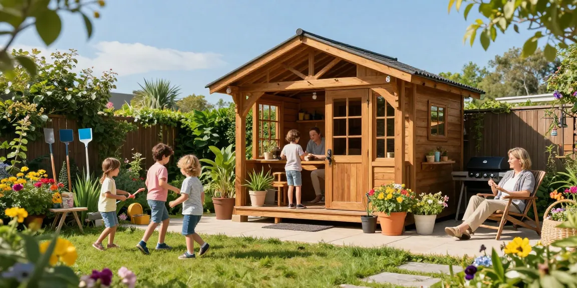Gartenhäuser aus Holz umgeben von bunten Blumen in einem sonnigen Garten mit einer Familie, die einen entspannten Nachmittag genießt.