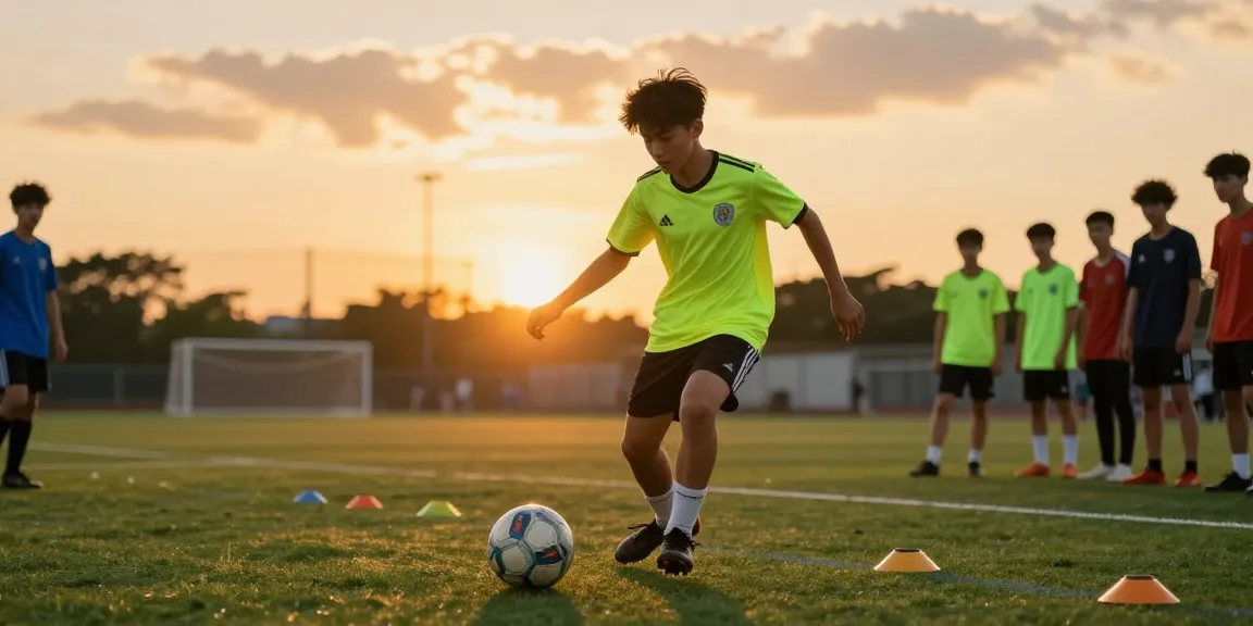 Fußball kaufen: Jugendlicher übt Dribbling mit hochwertigen Bällen auf dem Fußballplatz.