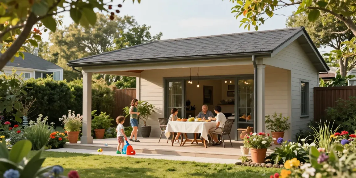 Moderne freistehende Terrassenüberdachung in einem einladenden Garten mit Familie.
