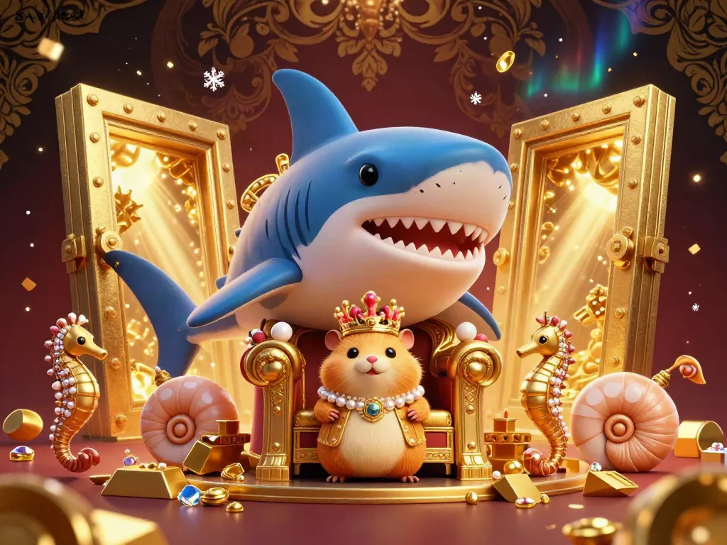SAWA888 showcases an extravagant 3D scene with a golden hamster king on a shark throne surrounded by treasure and gems.