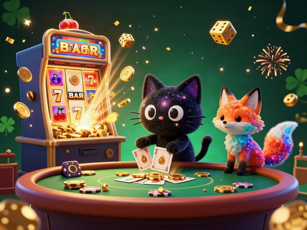 Captivating kèo nhà cái illustration featuring a cosmic black hole cat and colorful nebula fox gambling with golden chips.