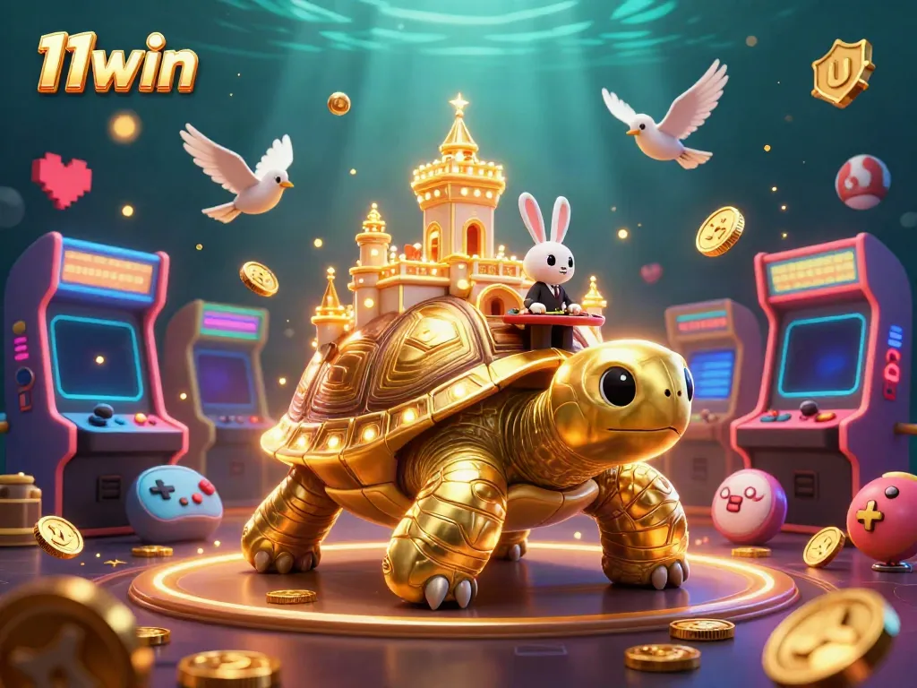 Experience the excitement at 11win with a vibrant, dynamic casino scene featuring a golden tortoise and a rabbit dealer.