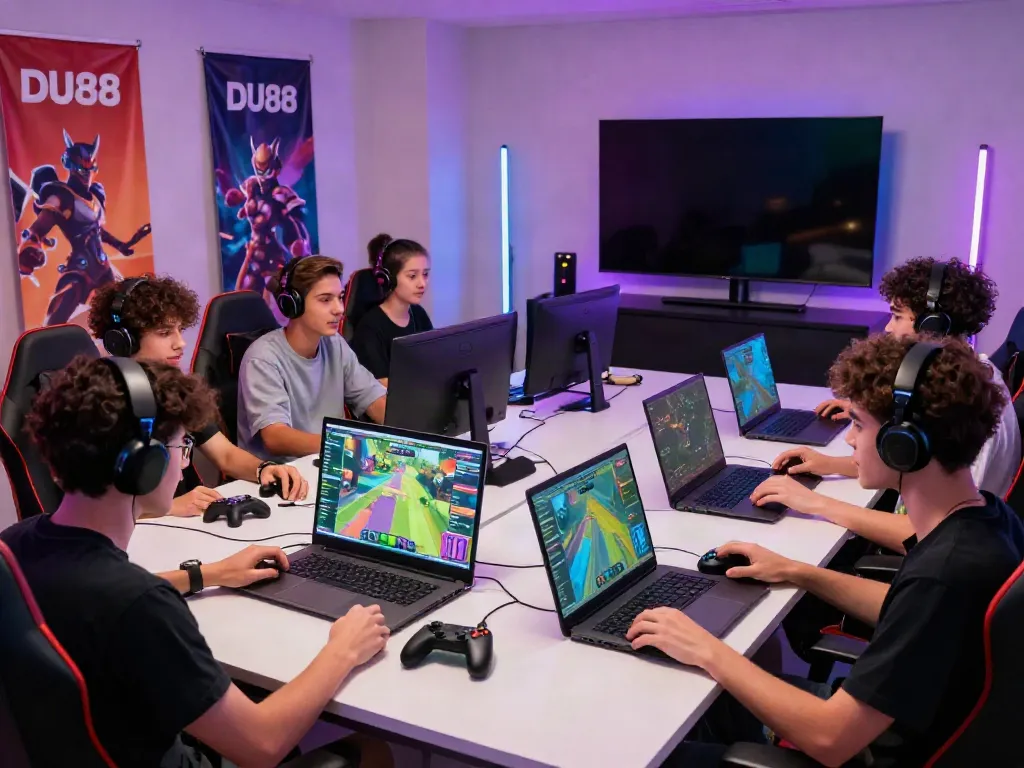 Online gaming session at DU88, showcasing young adults engaged in multiplayer action, vibrant atmosphere, and modern design.