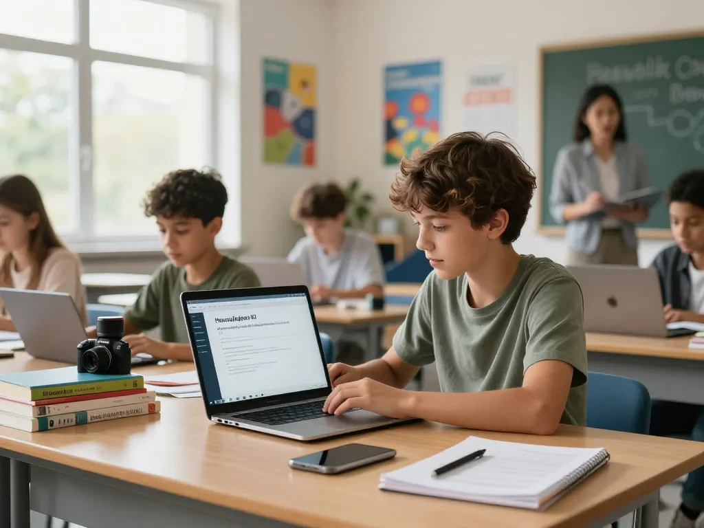 Student, der Hausaufgaben KI-Software in einem hellen Klassenzimmer für Hausaufgabenlösungen verwendet.