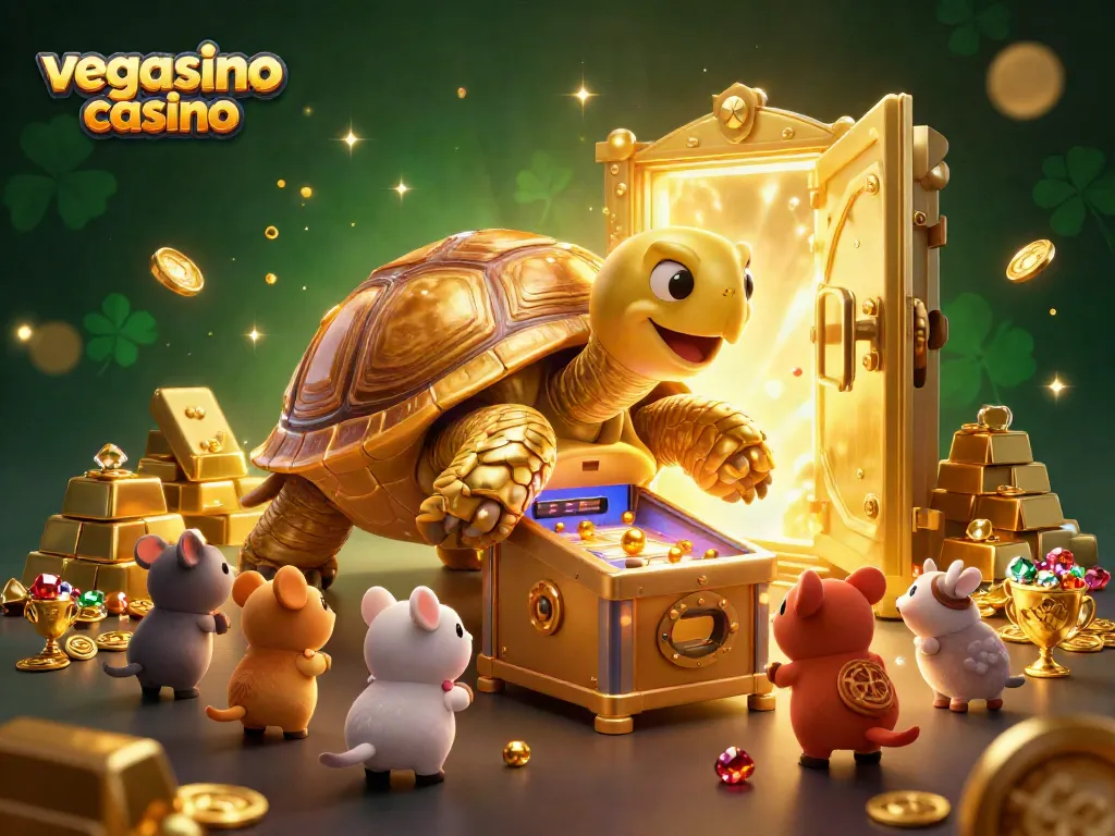 Play exciting games at vegasino casino with a golden tortoise pinball machine surrounded by treasures.