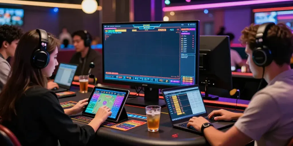 Players engaging with Alternatif Bola88 in a vibrant online betting lounge scene.