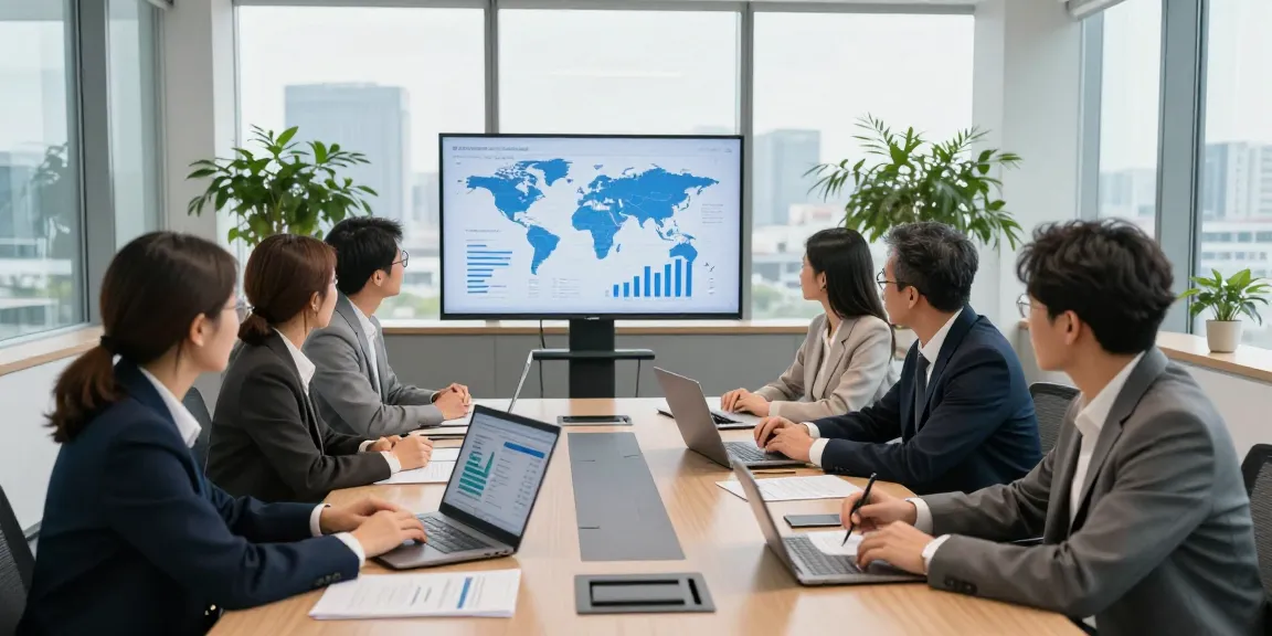 Investment team discussing worldwide commercial project funds in a modern office.