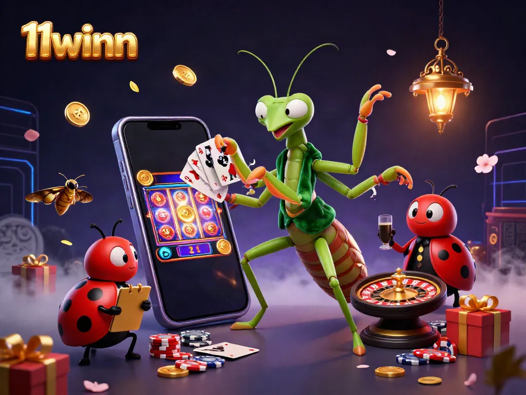 Experience the thrill of 11winn with vibrant casino games and engaging characters in a dynamic scene.
