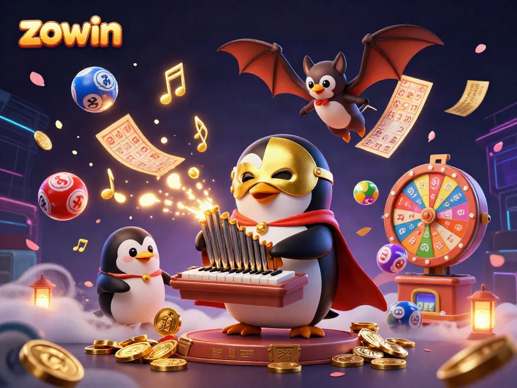 Zowin's exciting gaming experience with colorful lottery elements and vibrant casino characters.